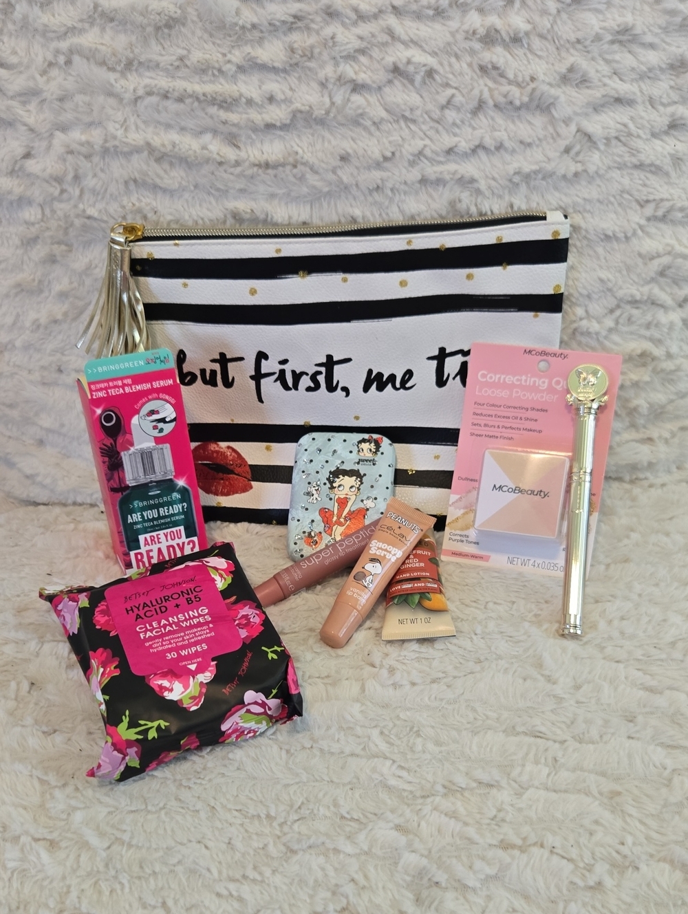 Striped Black & White Cosmetic Pouch with Gold Accent Bundle